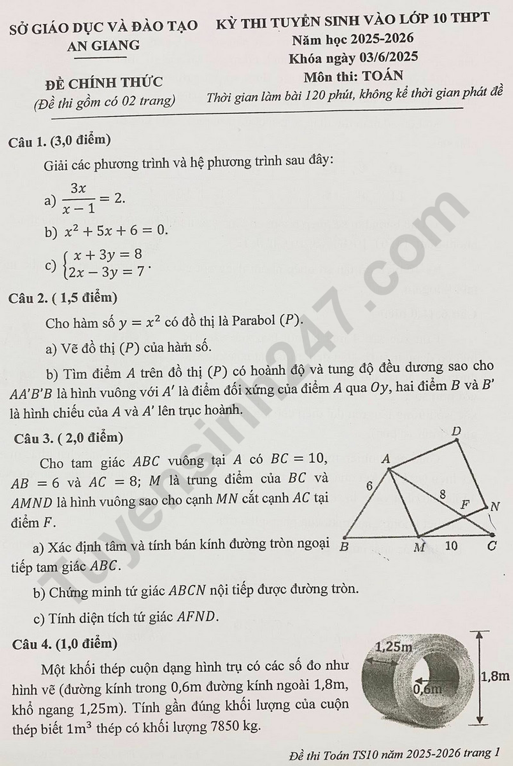 Đề thi và đáp án môn toán vào lớp 10 tỉnh An Giang năm 2025 - 1 Đề thi và đáp án môn toán vào lớp 10 tỉnh An Giang năm 2025 - 1