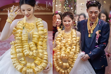 Cô dâu "gây sốt" khi đeo 100 chiếc vòng vàng nặng trĩu cổ trong đám cưới