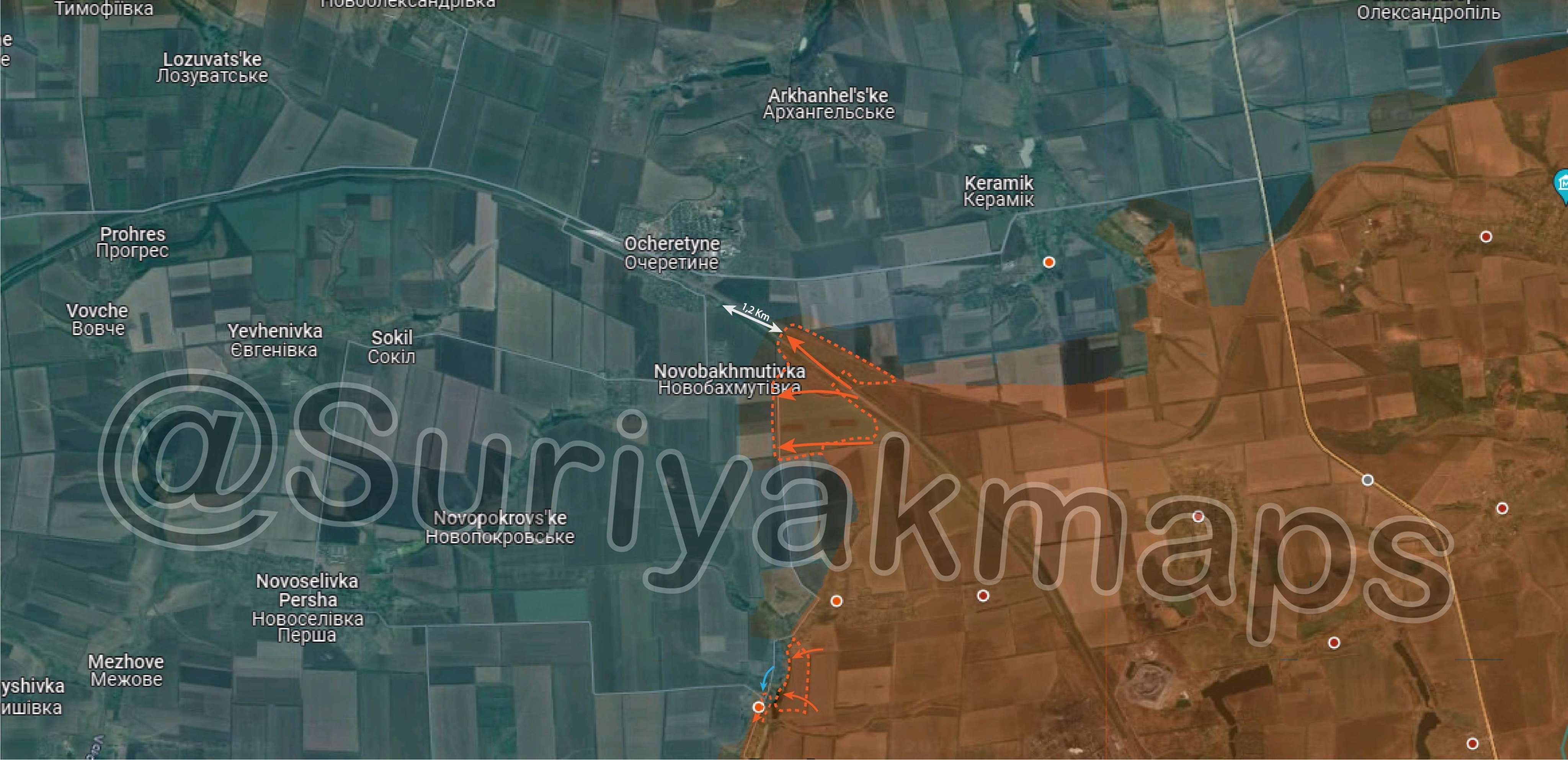 Bản đồ chiến sự Ukraine ở phía tây và bắc Avdiivka ngày 16/4. Trong đó, Nga kiểm soát phần màu nâu, các mũi tên màu cam thể hiện hướng tấn công của họ và khu vực bao quanh bởi nét đứt màu cam là nơi lực lượng Moscow vừa giành được, Kiev rút lui theo mũi tên xanh (Ảnh: Suriyakmaps).