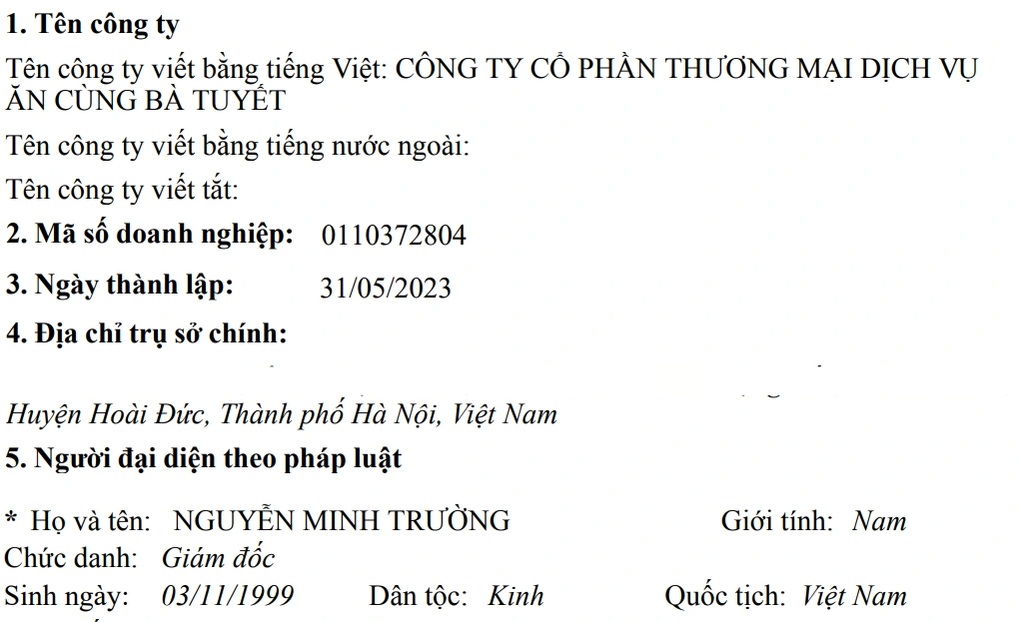 Eating with Mrs. Tuyet Company announces dissolution - 1 Công ty Ăn Cùng Bà Tuyết thông báo giải thể - 1