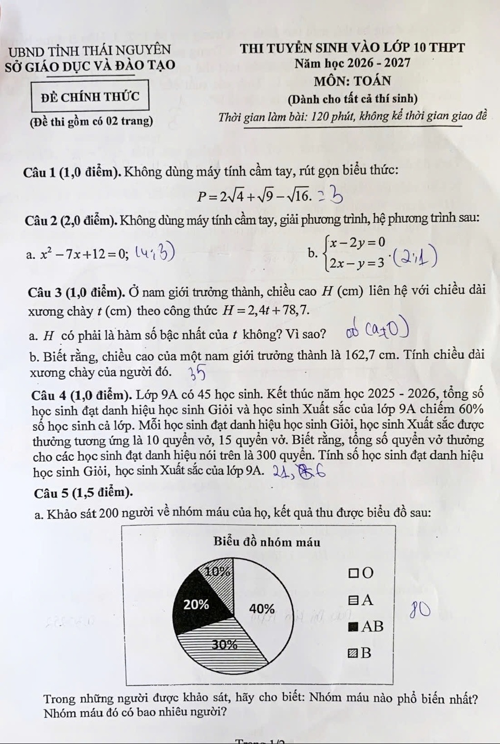 Đề thi và đáp án môn toán lớp 10 Thái Nguyên năm 2026 - 1