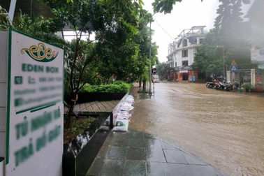 Đường ngập sâu, nước tràn hầm để xe, dân chung cư Hà Nội đắp cát ngăn ngập