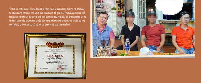 Nhà báo Đỗ Doãn Hoàng (bên trái) cùng đồng nghiệp (ngoài cùng bên phải) với các nạn nhân trong quá trình tác nghiệp điều tra về hành vi ấu dâm nam của Huỳnh Đắc Cường ở Quảng Nam.