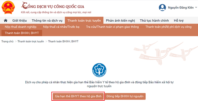 Hướng dẫn thực hiện Gia hạn thẻ BHYT theo hộ gia đình và Đóng tiếp BHXH tự nguyện trên Cổng DVC Quốc gia - Ảnh 2. Hướng dẫn thực hiện Gia hạn thẻ BHYT theo hộ gia đình và Đóng tiếp BHXH tự nguyện trên Cổng DVC Quốc gia - Ảnh 2.