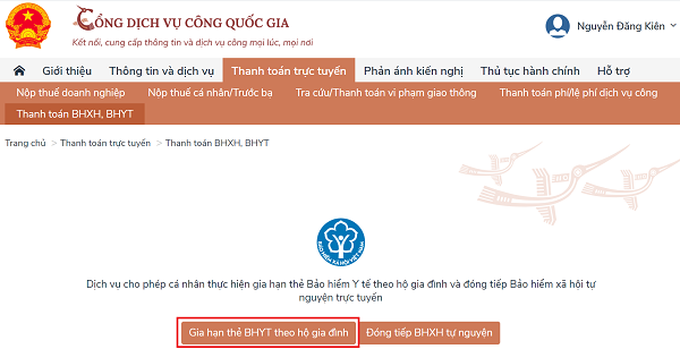 Hướng dẫn thực hiện Gia hạn thẻ BHYT theo hộ gia đình và Đóng tiếp BHXH tự nguyện trên Cổng DVC Quốc gia - Ảnh 2.