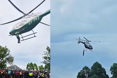 Không được đi nhờ, người đàn ông liều mình đu càng trực thăng