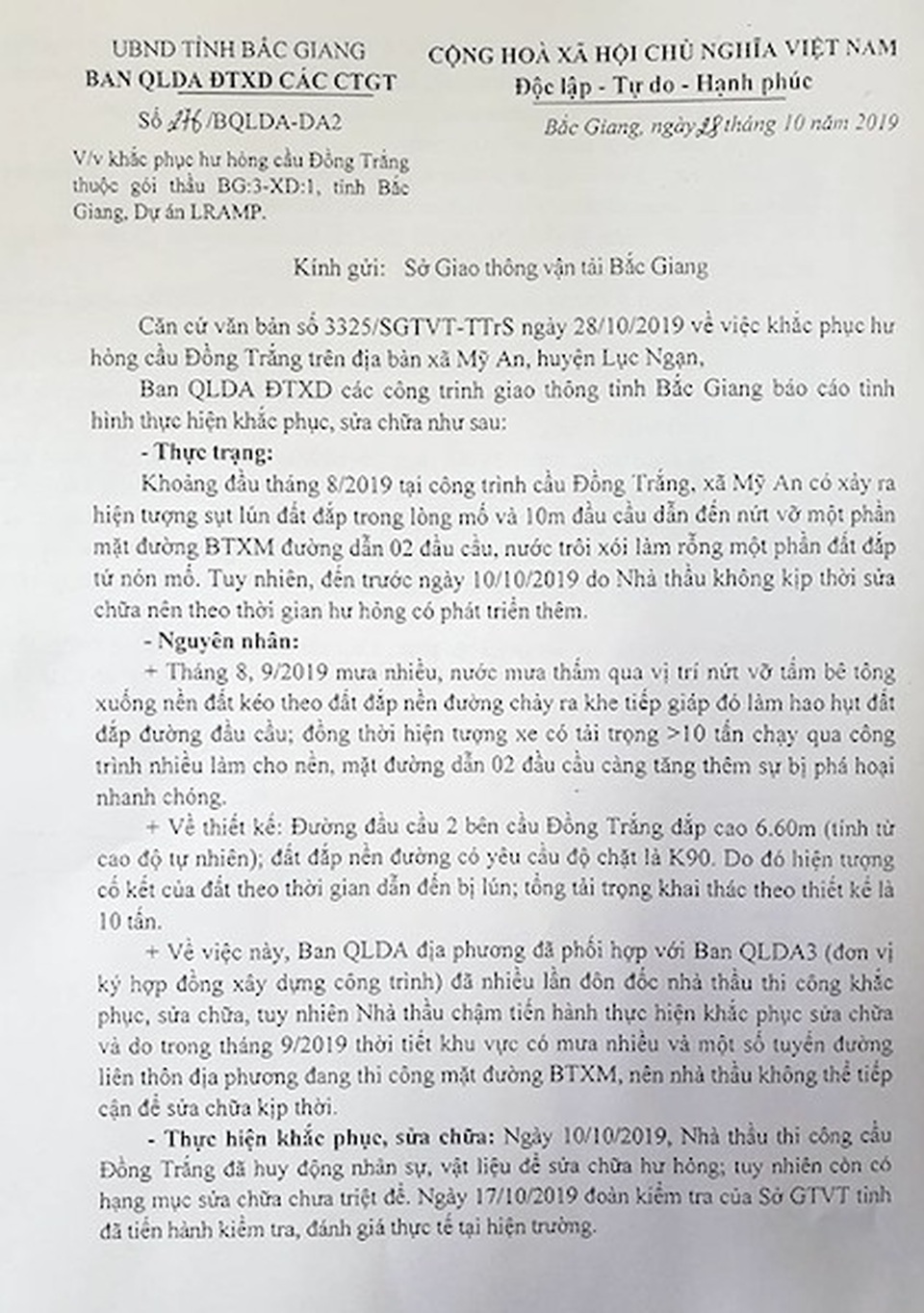 Sửa đi sửa lại cây cầu vay vốn WB vừa sử dụng đã sụt lún, nứt vỡ tại Bắc Giang - 2 Sửa đi sửa lại cây cầu vay vốn WB vừa sử dụng đã sụt lún, nứt vỡ tại Bắc Giang - 2