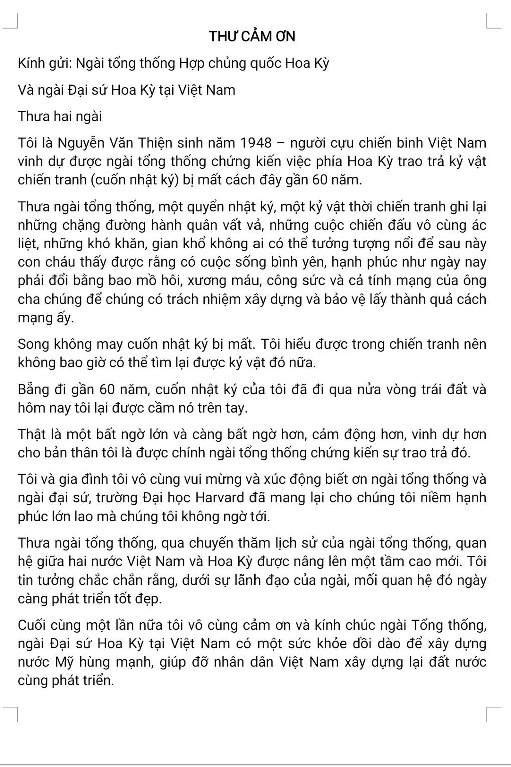 Lá thư Tổng thống Mỹ gửi cựu binh Việt Nam khiến người chứng kiến bật khóc - 4 Lá thư Tổng thống Mỹ gửi cựu binh Việt Nam khiến người chứng kiến bật khóc - 4