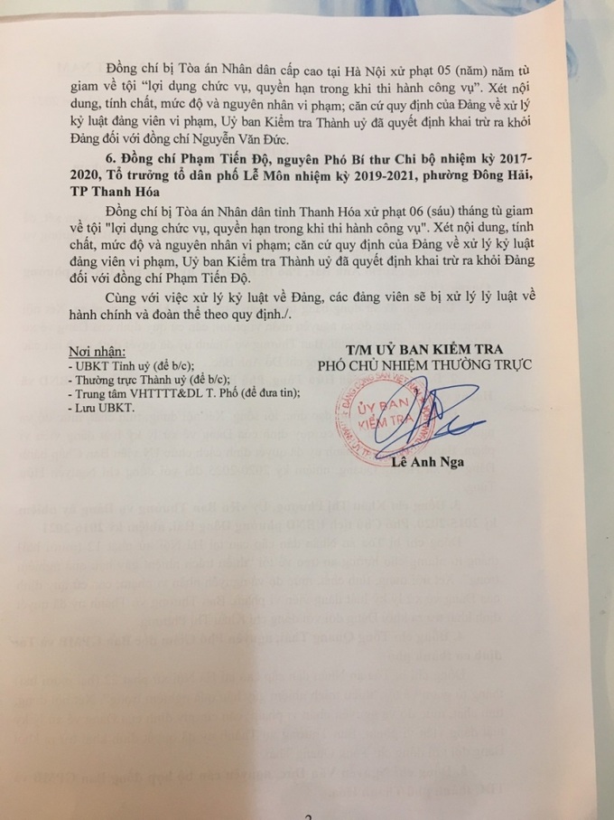 Thông báo của Thành ủy TP. Thanh Hóa về kết quả xem xét, xử lý kỷ luật đảng đối với đảng viên vi phạm