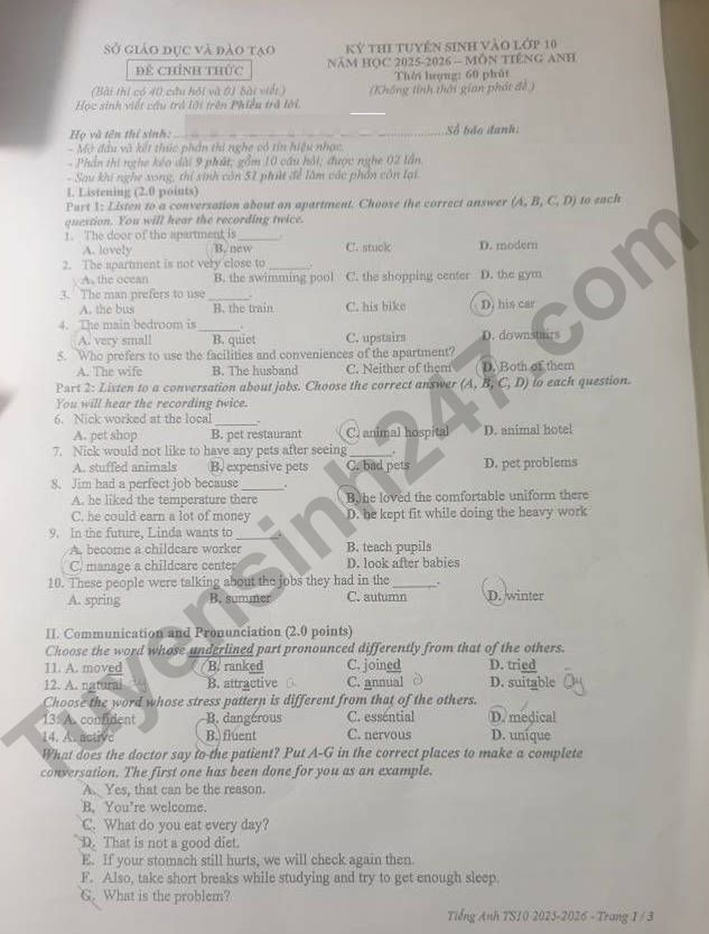 English exam questions and answers for grade 10 in 2025, Binh Duong province - 1 Đề và đáp án môn tiếng Anh thi lớp 10 năm 2025 tỉnh Bình Dương - 1