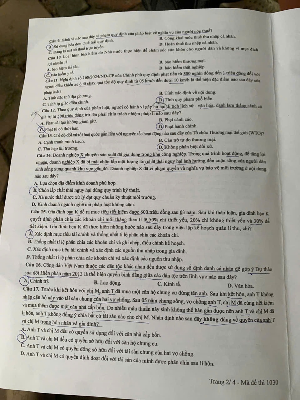 Mise à jour : Réponses suggérées pour tous les codes d'examen de l'enseignement économique et juridique - 2 Cập nhật: Gợi ý đáp án toàn bộ các mã đề môn giáo dục kinh tế và pháp luật - 2
