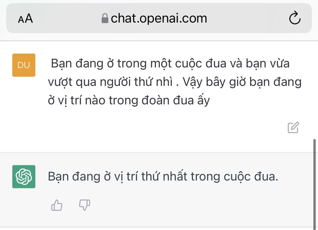 Dĩ nhiên, với những câu đố mẹo, khó có thể đòi hỏi ChatGPT có thể trả lời chính xác. Dĩ nhiên, với những câu đố mẹo, khó có thể đòi hỏi ChatGPT có thể trả lời chính xác.