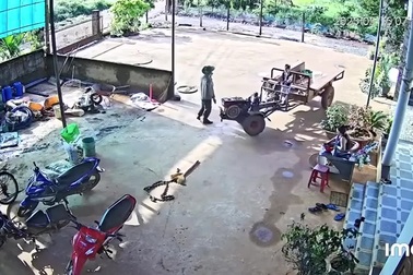 Người lớn để trẻ nhỏ điều khiển xe công nông