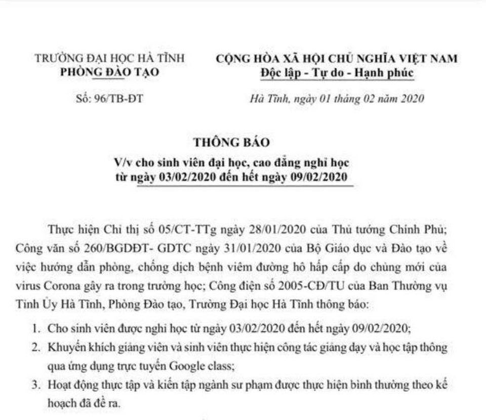 Trường ĐH Hà Tĩnh cho sinh viên nghỉ học để phòng tránh virus Corona - 1 Trường ĐH Hà Tĩnh cho sinh viên nghỉ học để phòng tránh virus Corona - 1