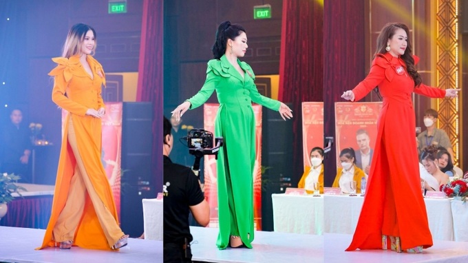 Dàn thí sinh Hoa hậu Doanh nhân Việt Nam 2023 thướt tha với tà áo dài của NTK Tony Phạm trong đêm bán kết.