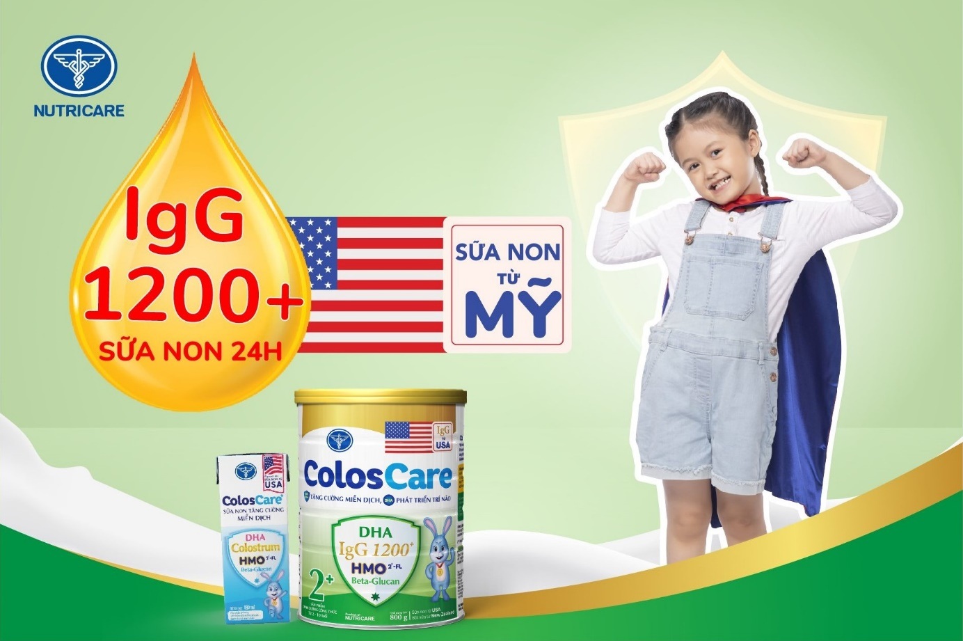 ColosCare 2+ chứa sữa non 24 giờ nhập khẩu Mỹ với hàm lượng kháng thể IgG lên tới hơn 1.200 mg giúp trẻ đề kháng khỏe (Ảnh: Nutricare).