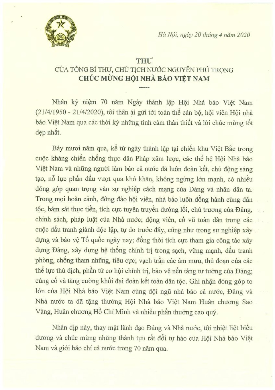 Tổng Bí thư, Chủ tịch nước gửi thư chúc mừng người làm báo cả nước - 1 Tổng Bí thư, Chủ tịch nước gửi thư chúc mừng người làm báo cả nước - 1
