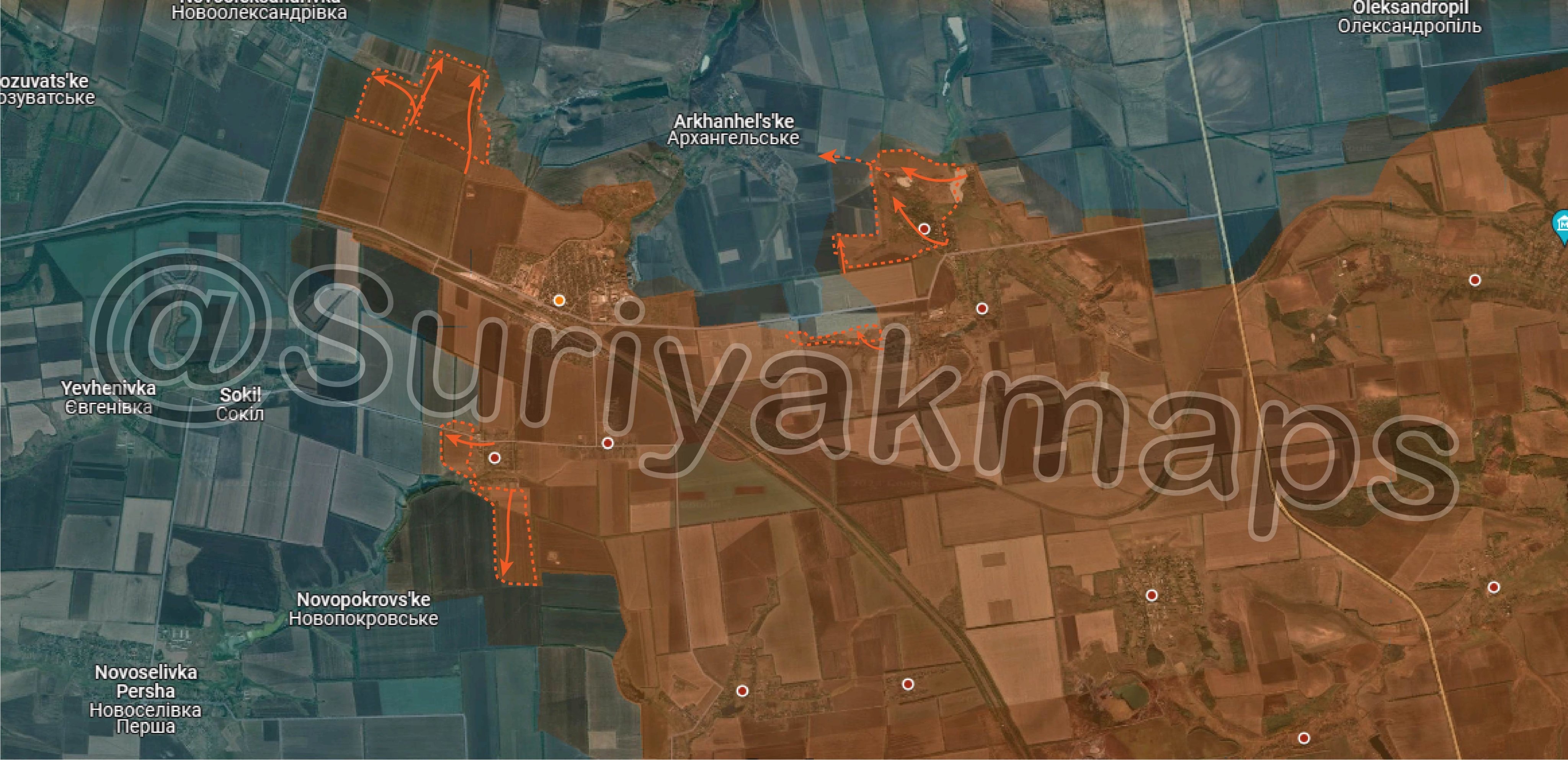 Bản đồ chiến sự Ukraine tại Avdiivka ngày 30/4. Trong đó, Nga kiểm soát phần màu nâu, các mũi tên màu cam thể hiện hướng tấn công của họ và khu vực bao quanh bởi nét đứt màu cam là nơi lực lượng Moscow vừa giành được, lực lượng Kiev rút lui theo các mũi tên xanh (Ảnh: Suriyakmaps).