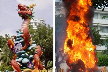 Linh vật "cá chép hóa rồng" ở Nha Trang bất ngờ bốc cháy