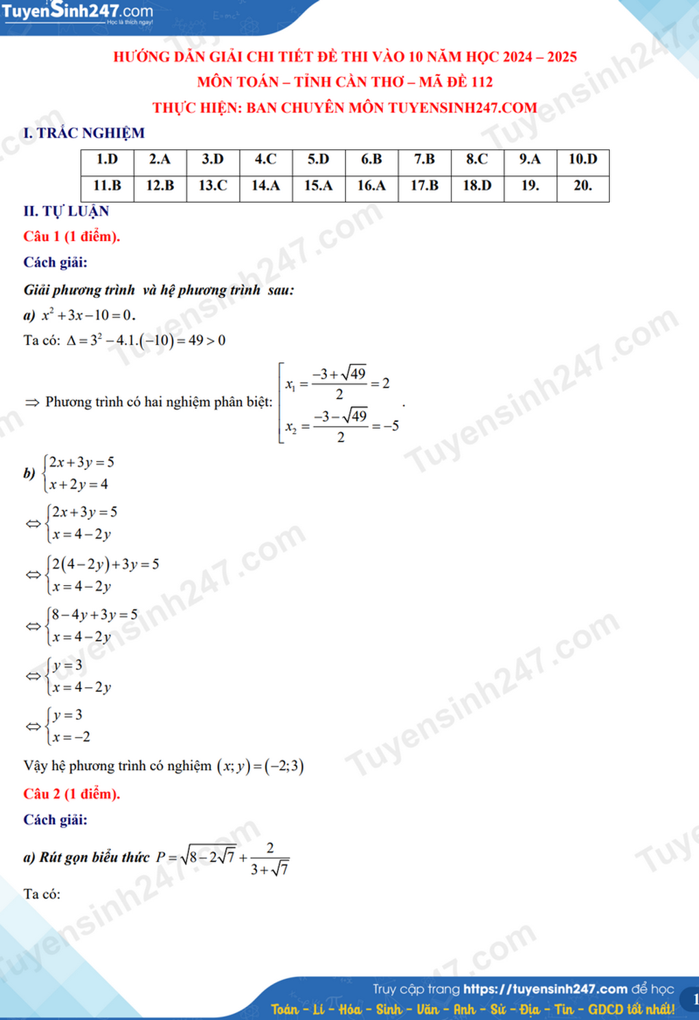 Đề thi, đáp án môn văn và tất cả các môn thi lớp 10 của Cần Thơ - 11 Đề thi, đáp án môn văn và tất cả các môn thi lớp 10 của Cần Thơ - 11