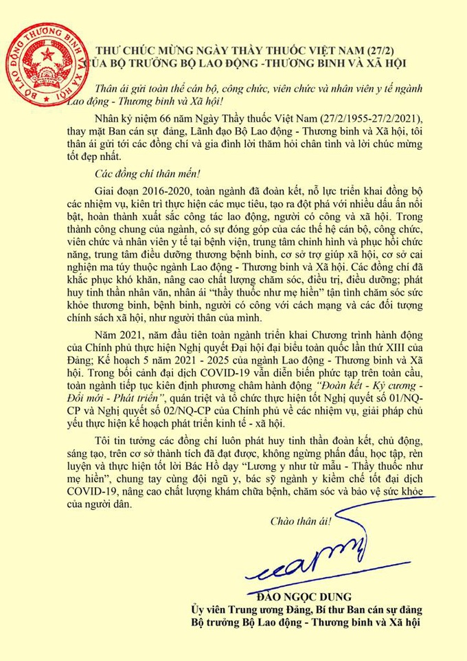 Thư chúc mừng ngày Thầy thuốc Việt Nam (27/2) của Bộ trưởng Bộ Lao động - Thương binh và Xã hội - Ảnh 1.