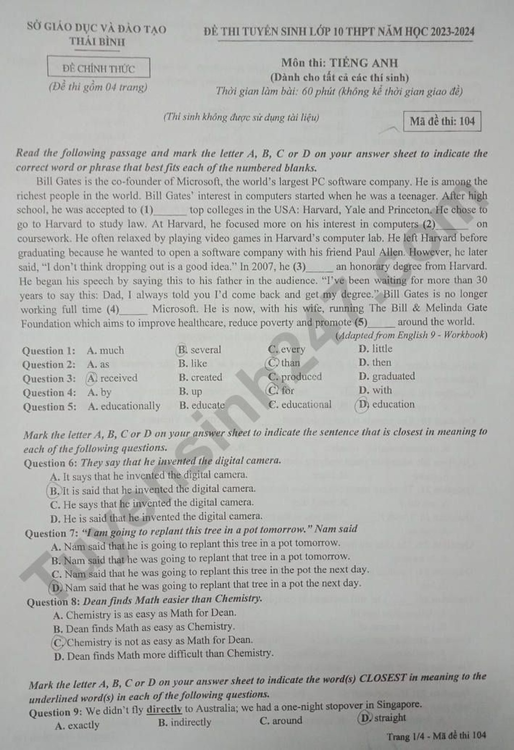 Đáp án chi tiết đề thi tiếng Anh tuyển sinh lớp 10 tỉnh Thái Bình - 2 Đáp án chi tiết đề thi tiếng Anh tuyển sinh lớp 10 tỉnh Thái Bình - 2