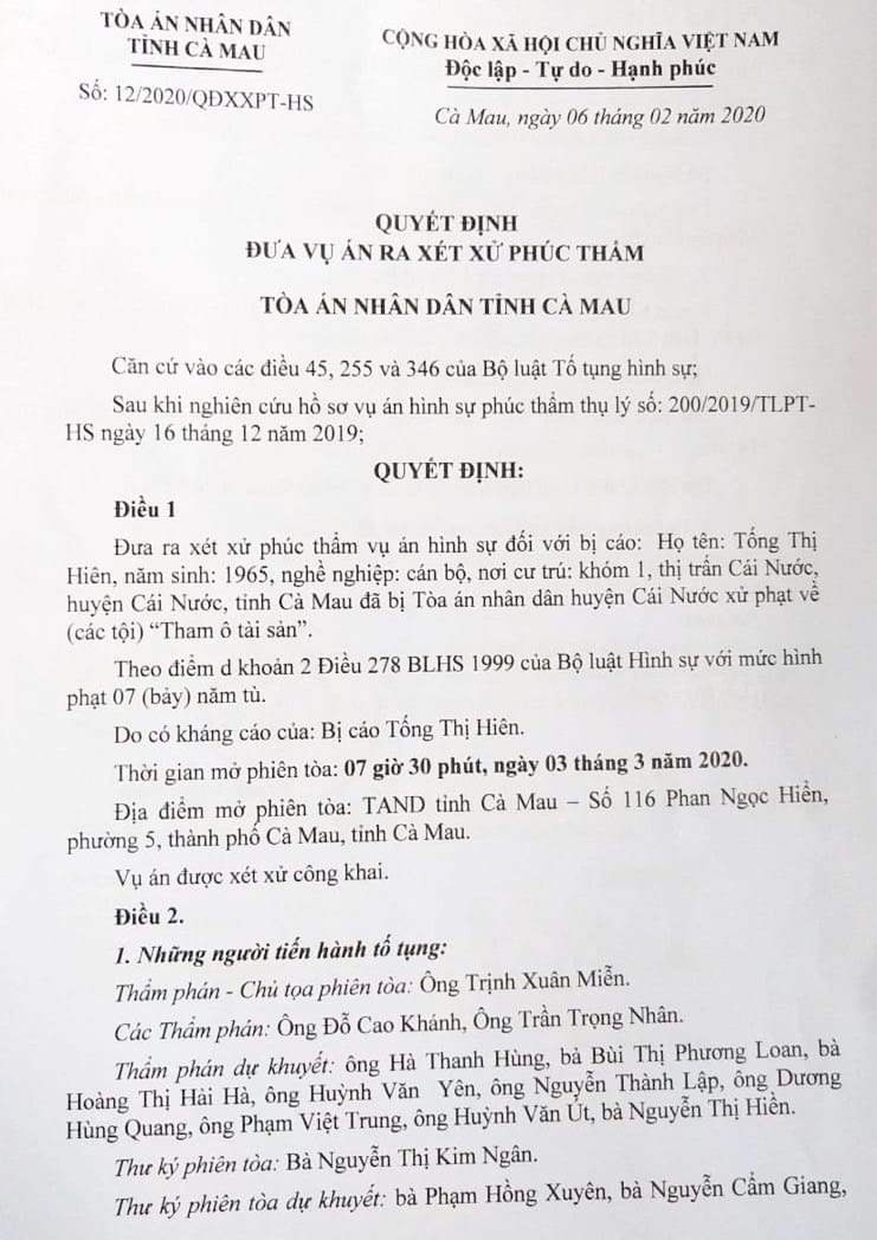 Cà Mau: Nguyên kế toán Ủy ban thị trấn vẫn kêu oan trong phiên tòa thứ 12 - 1 Cà Mau: Nguyên kế toán Ủy ban thị trấn vẫn kêu oan trong phiên tòa thứ 12 - 1