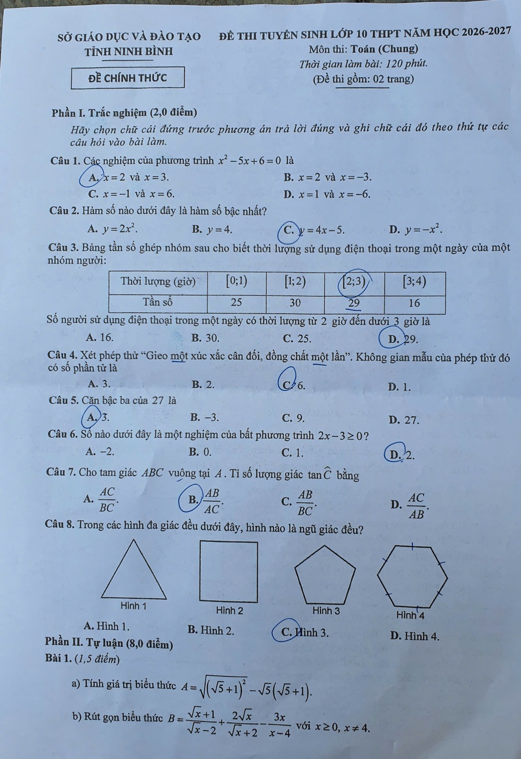Đề thi và đáp án môn toán vào lớp 10 tỉnh Ninh Bình - 1