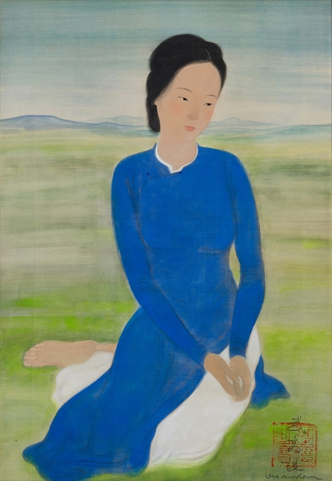 Bức Jeune femme en bleu dans un paysage (Thiếu nữ mặc áo dài xanh trước cảnh vật) của danh hoạ Vũ Cao Đàm.