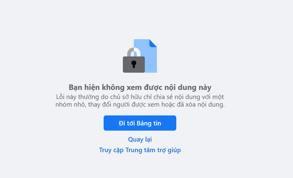 Giao diện thông báo nội dung trên Facebook không còn tồn tại, dù trên thực tế nội dung đó vẫn đang hiện hữu trên Facebook. Giao diện thông báo nội dung trên Facebook không còn tồn tại, dù trên thực tế nội dung đó vẫn đang hiện hữu trên Facebook.