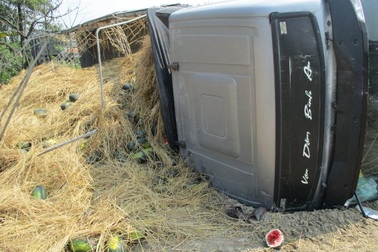 Tài xế buồn ngủ, xe chở 20 tấn dưa lao xuống ruộng