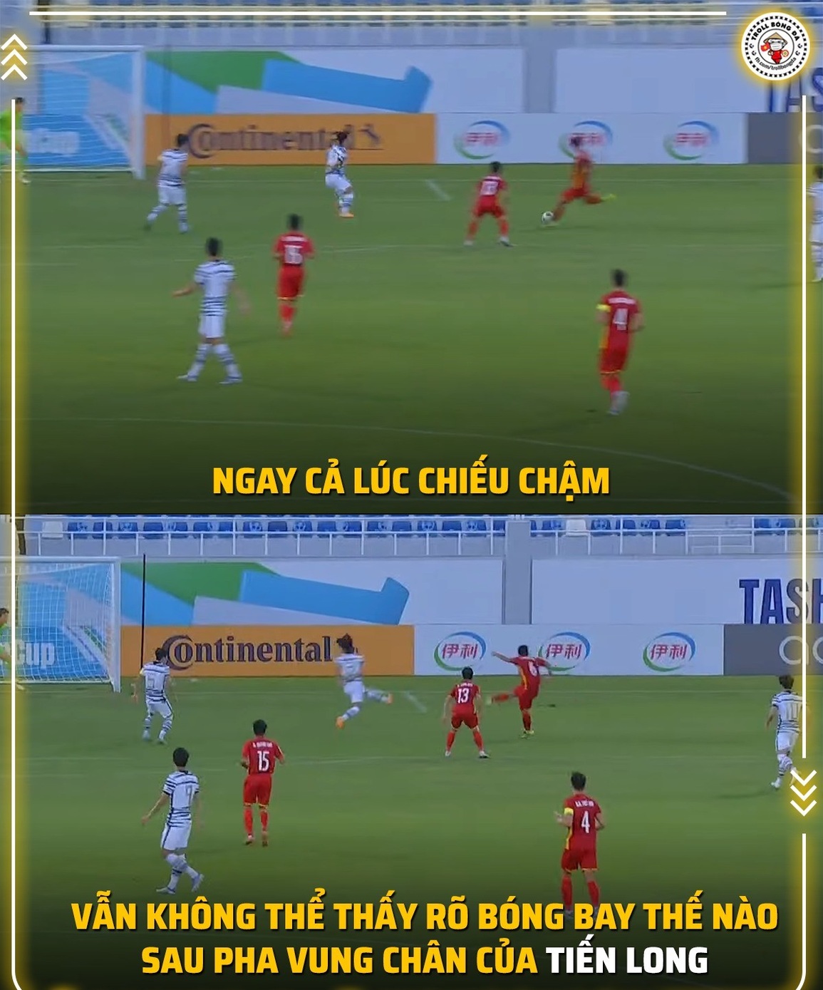 Cú đá của Tiến Long mạnh đến nỗi cả khi quay chậm vẫn không thể nhìn thấy đường đi của trái bóng (Ảnh: Troll bóng đá). Cú đá của Tiến Long mạnh đến nỗi cả khi quay chậm vẫn không thể nhìn thấy đường đi của trái bóng (Ảnh: Troll bóng đá).