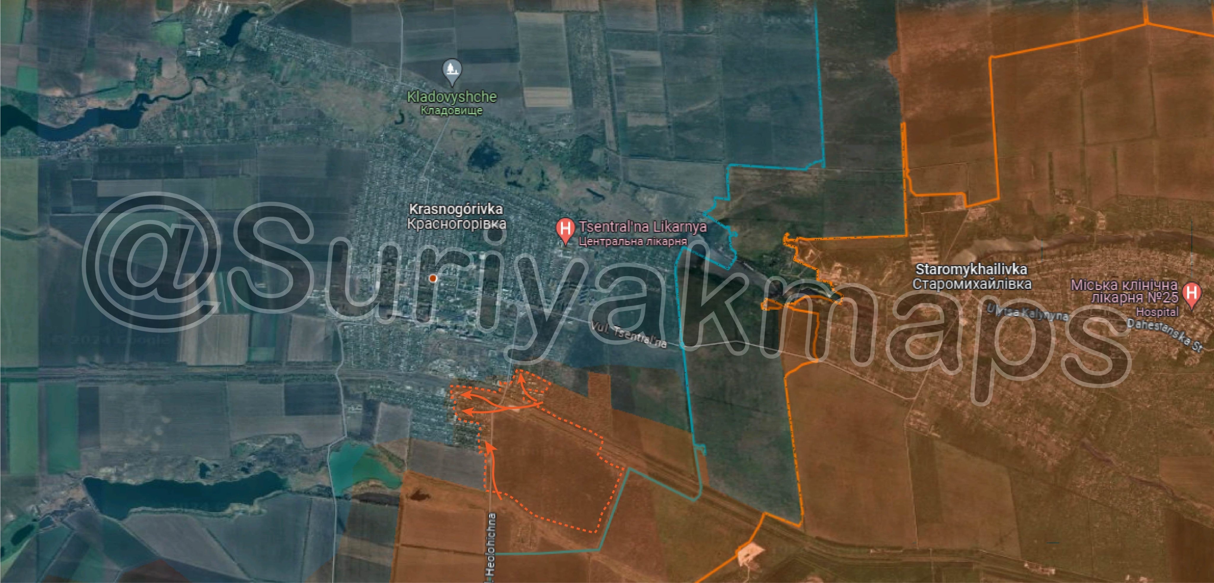 Bản đồ chiến sự Ukraine ở Krasnogorivka gần thủ phủ Donetsk ngày 15/4. Trong đó, Nga kiểm soát phần màu nâu, các mũi tên màu cam thể hiện hướng tấn công của họ và khu vực bao quanh bởi nét đứt màu cam là nơi lực lượng Moscow vừa giành được (Ảnh: Suriyakmaps).