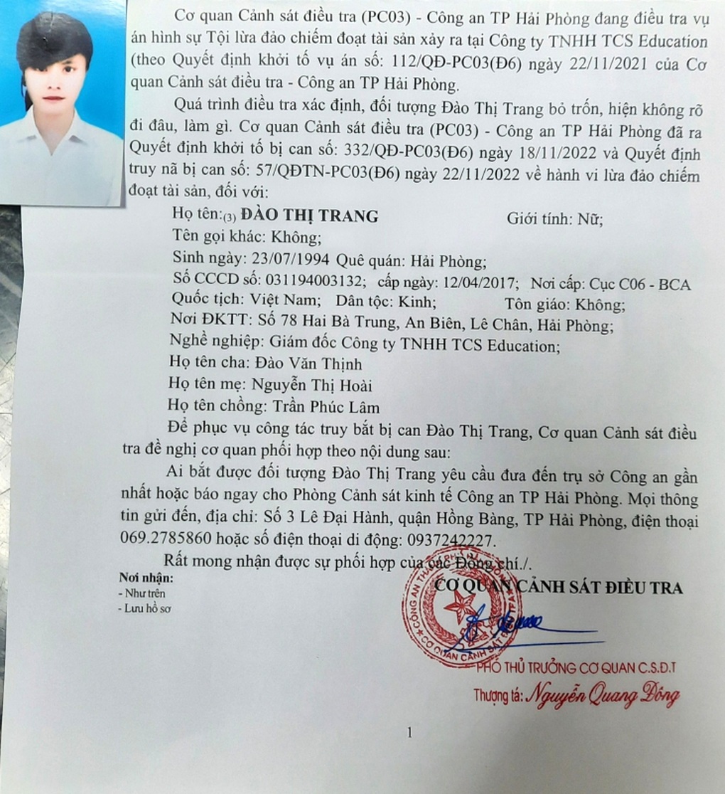 Truy nã nữ giám đốc công ty du học lừa đảo hơn 50 người - 1 Truy nã nữ giám đốc công ty du học lừa đảo hơn 50 người - 1