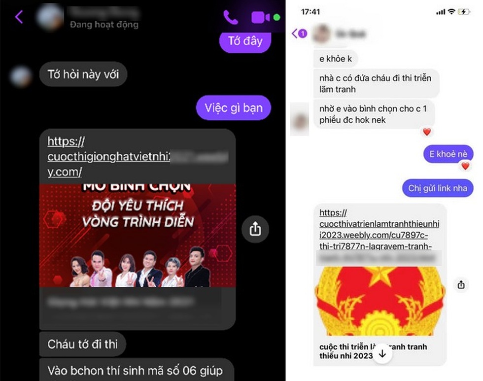 Nội dung tin nhắn nhờ tham gia cuộc bình chọn được gửi qua Facebook, kèm theo đường link trang web giả mạo (Ảnh chụp màn hình). Nội dung tin nhắn nhờ tham gia cuộc bình chọn được gửi qua Facebook, kèm theo đường link trang web giả mạo (Ảnh chụp màn hình).