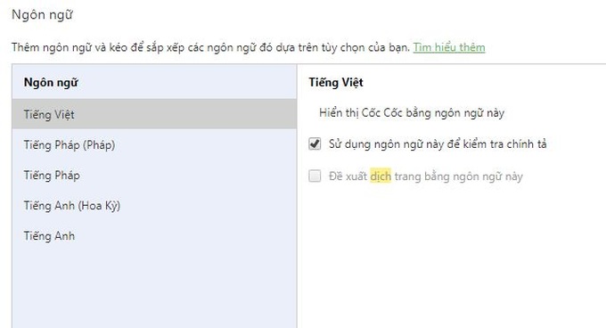 Tính năng kiểm tra chính tả được Cốc Cốc kích hoạt sẵn khi người dùng cài đặt trình duyệt.