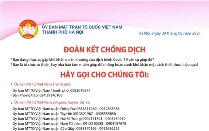 Các số &quot;đường dây nóng&quot; hỗ trợ người gặp khó khăn vì COVID-19 ở Hà Nội