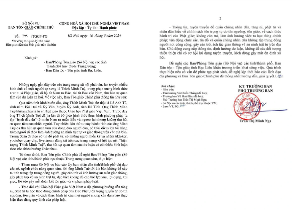 Ban Tôn giáo Chính phủ thông tin về sư Thích Minh Tuệ - 1