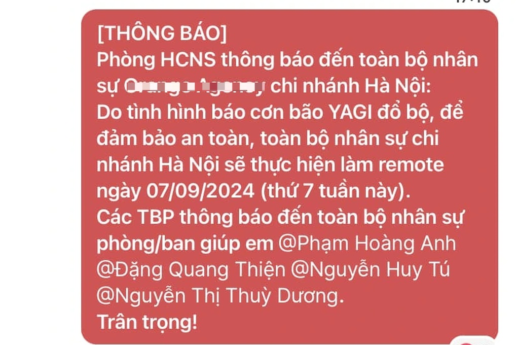 Tránh siêu bão Yagi, người lao động được làm việc online ngày thứ 7 - 1