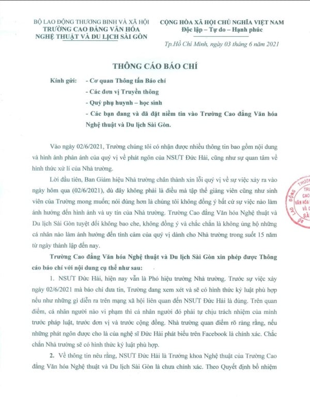 Nhà trường nói gì về phát ngôn thô tục trên Facebook NSƯT Đức Hải? - 2 Nhà trường nói gì về phát ngôn thô tục trên Facebook NSƯT Đức Hải? - 2