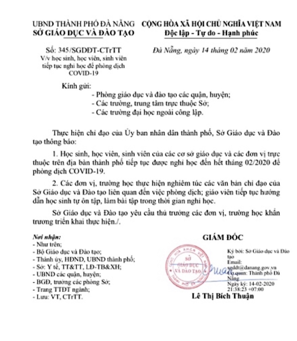 Đà Nẵng chính thức cho học sinh nghỉ học đến hết tháng 2 - 1 Đà Nẵng chính thức cho học sinh nghỉ học đến hết tháng 2 - 1