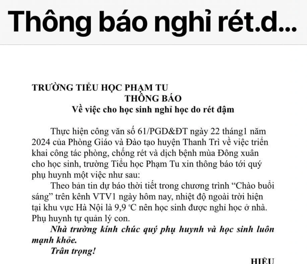 Hà Nội 9,9 độ, nhiều trường đồng loạt thông báo cho học sinh nghỉ học - 3