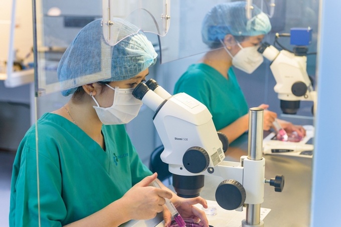 Chuyên viên phôi học đang thực hiện thao tác tìm trứng trong phòng lab.