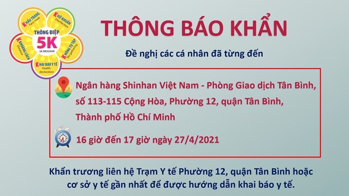 TP.HCM: Thông báo khẩn tìm người từng phòng giao dịch Ngân hàng Shinhan Việt Nam tại Tân Bình - Ảnh 1.