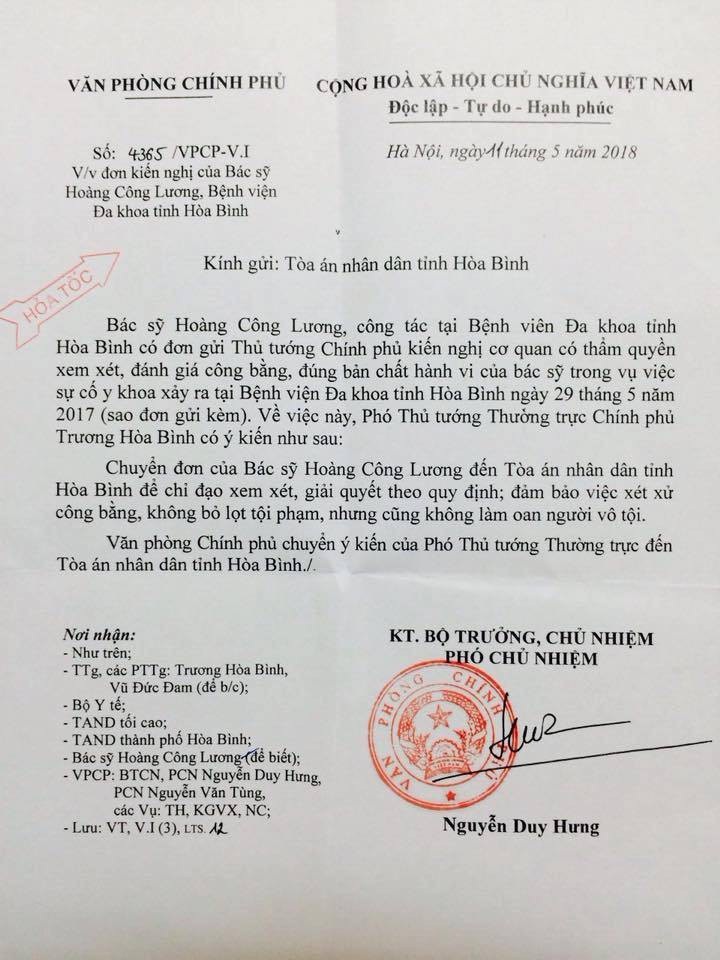 Phó Thủ tướng Trương Hòa Bình đã nhận được tâm thư của bác sĩ Hoàng Công Lương