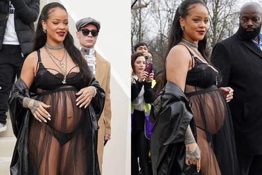 "Bà bầu" Rihanna mặc váy xuyên thấu đi xem show thời trang