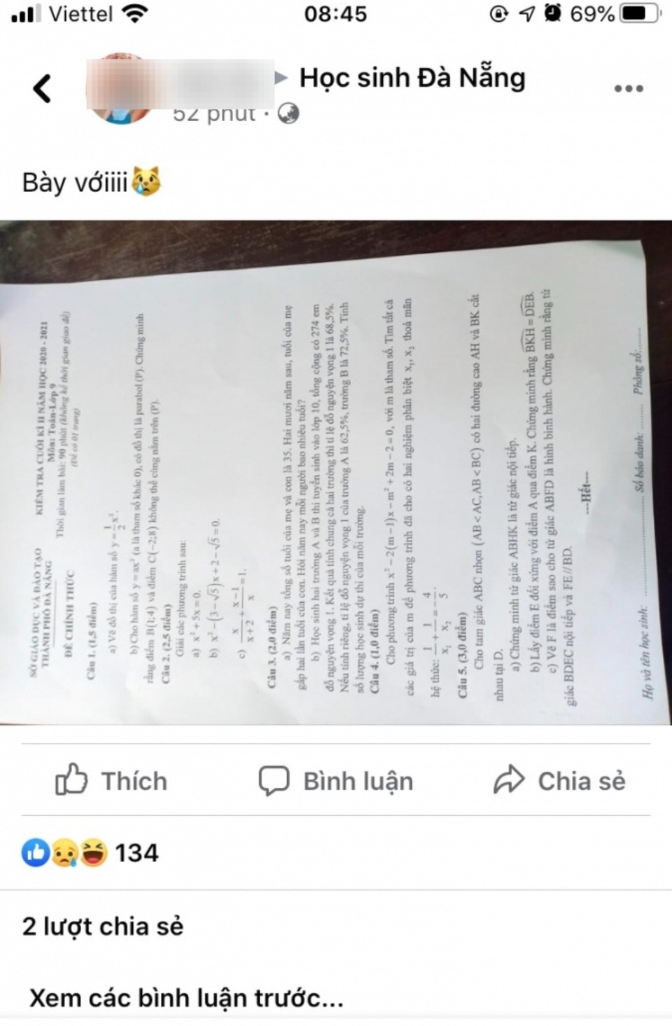 Đang thi, thí sinh đăng đề Toán lên facebook, nhờ cứu viện - 1 Đang thi, thí sinh đăng đề Toán lên facebook, nhờ cứu viện - 1