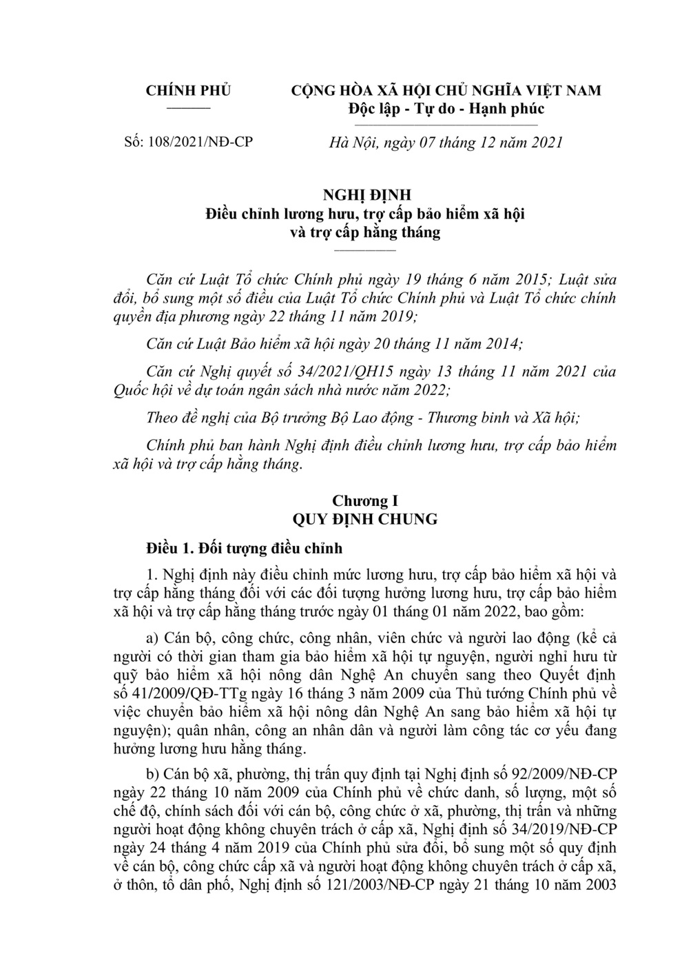 Toàn văn Nghị định về tăng lương hưu, trợ cấp từ 1/1/2022 - 1 Toàn văn Nghị định về tăng lương hưu, trợ cấp từ 1/1/2022 - 1