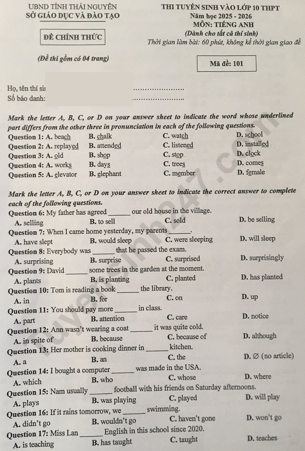 Đề thi, đáp án môn tiếng Anh, toán thi lớp 10 của Thái Nguyên - 1 Đề thi, đáp án môn tiếng Anh, toán thi lớp 10 của Thái Nguyên - 1