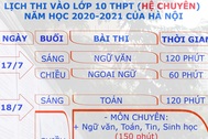 Hà Nội: Lịch thi vào lớp 10 THPT năm học 2020-2021 hệ thường và chuyên